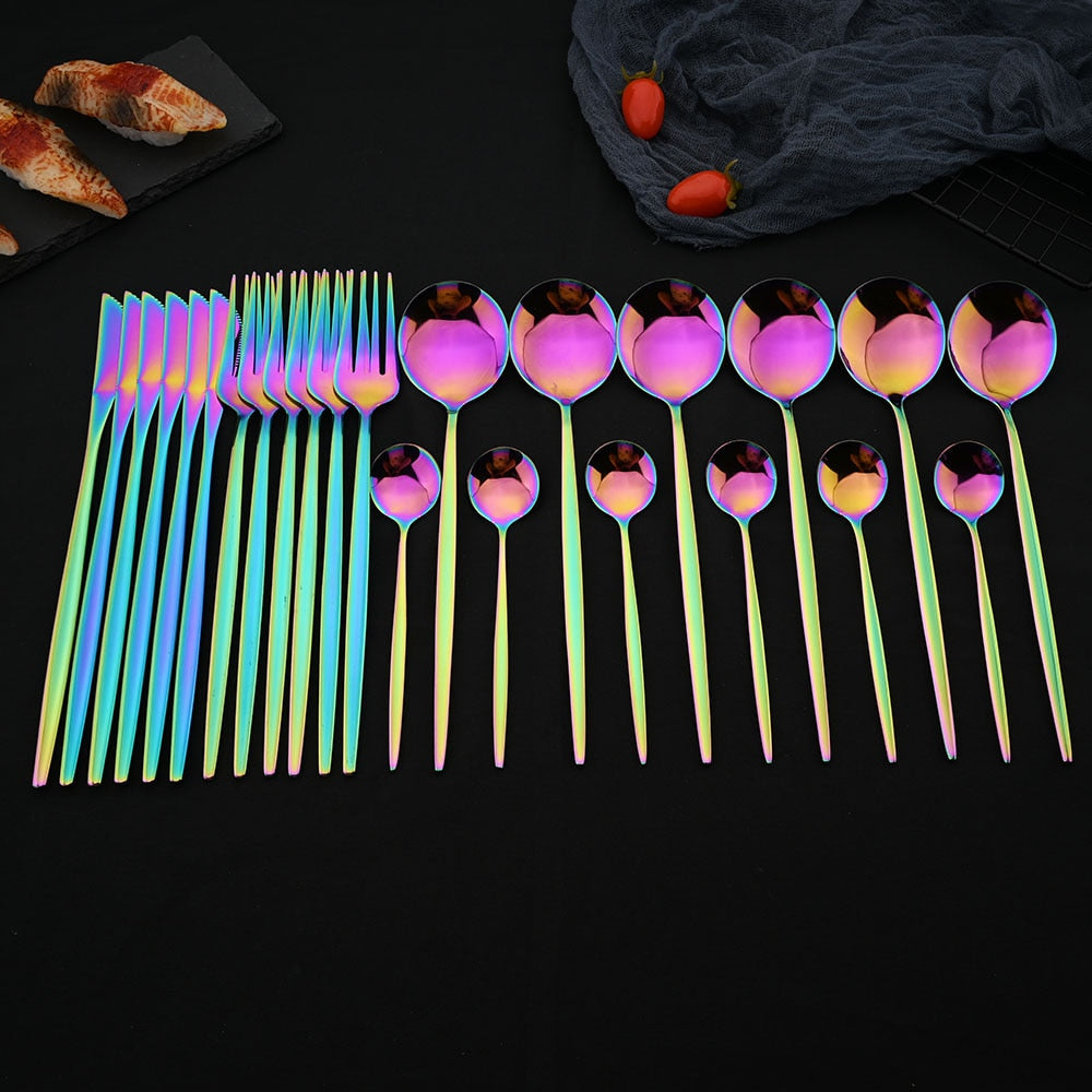 24pcs Irredescent Rainbow Dinnerware Set | Mirror Finish Flatware Set | Simply Modern