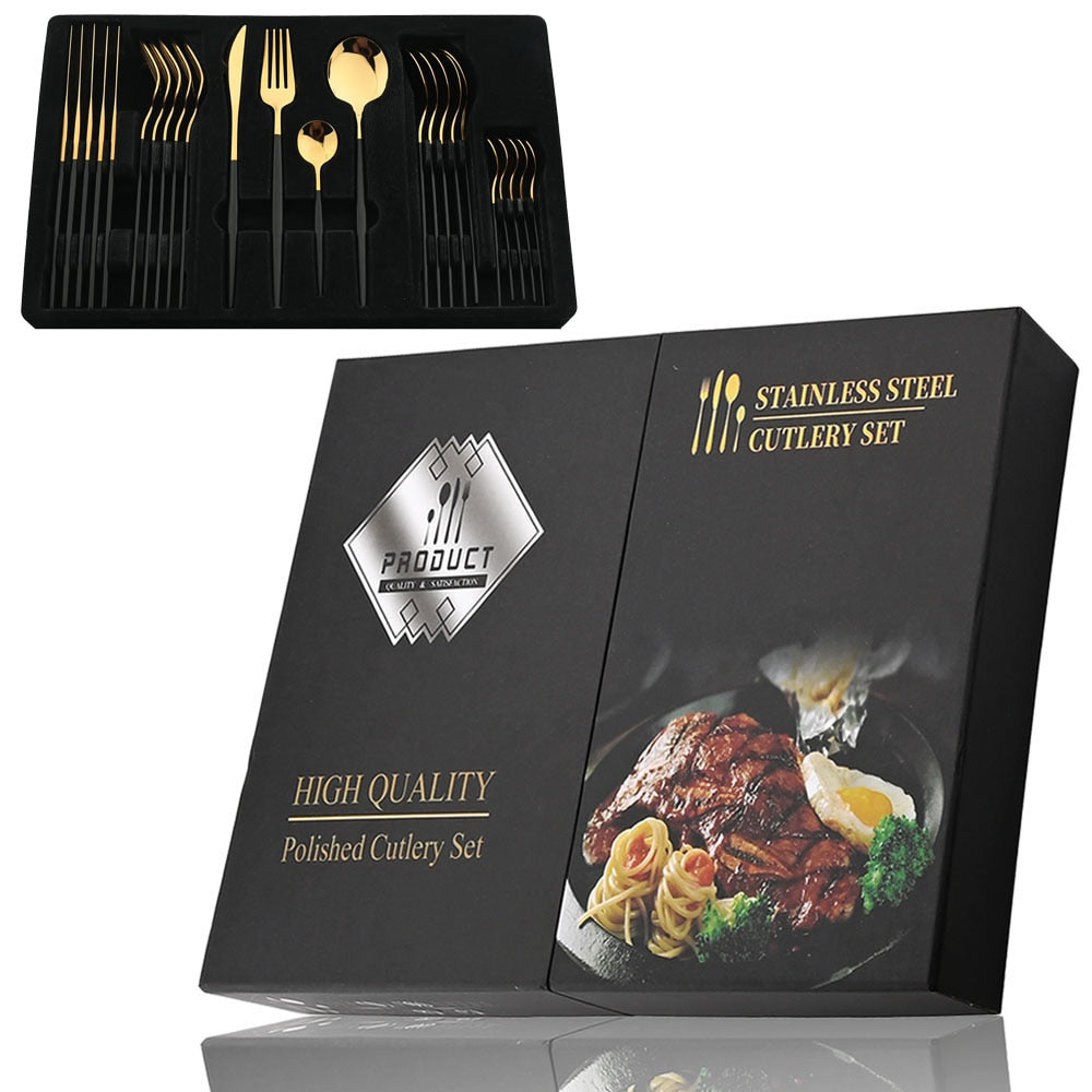 24Pcs Black Handle Golden Cutlery Set | Mirror Finish Flatware Set | Simply Modern